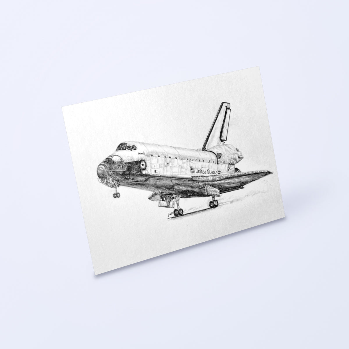 Pencil drawing of Space Shuttle Atlantis touching down as a fine art print, shown at an angle on a light background
