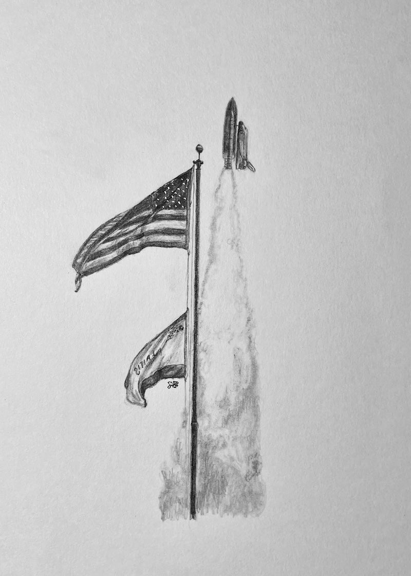 Space Shuttle launch artwork featuring the American flag and Space Shuttle Atlantis mission flag, capturing the spirit of human spaceflight in a detailed fine art print.