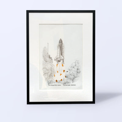 Space Shuttle launch drawing with flown STS-93 solar blanket fragments, black A3 frame with white mat, front view