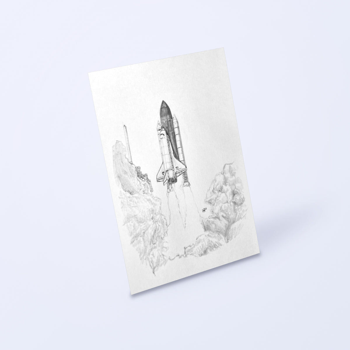 Pencil drawing of a Space Shuttle launch as a fine art print, shown at an angle on a light background