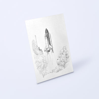 Pencil drawing of a Space Shuttle launch as a fine art print, shown at an angle on a light background