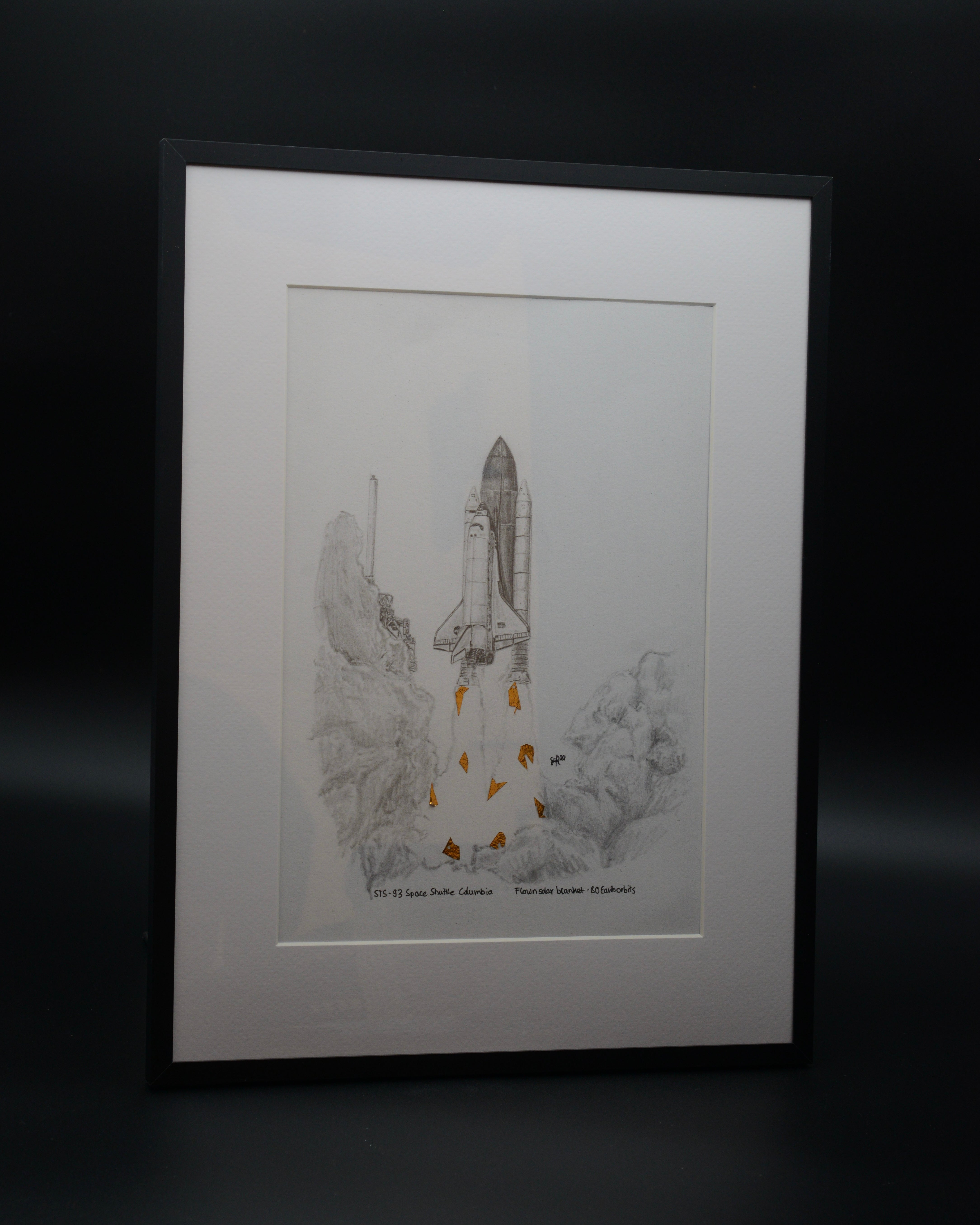Space Shuttle launch Signature Edition fine art print featuring an original flown Space Shuttle solar blanket fragment carefully integrated into the artwork. Hand-signed by the artist and combining detailed pencil illustration with authentic space-flown material, creating a unique collectible celebrating the legacy of the Space Shuttle program. 