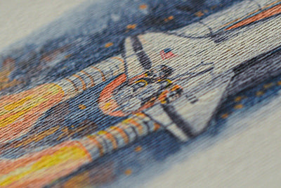 Close-up watercolor space art of a Space Shuttle launch with external tank and boosters, by The New Space Age
