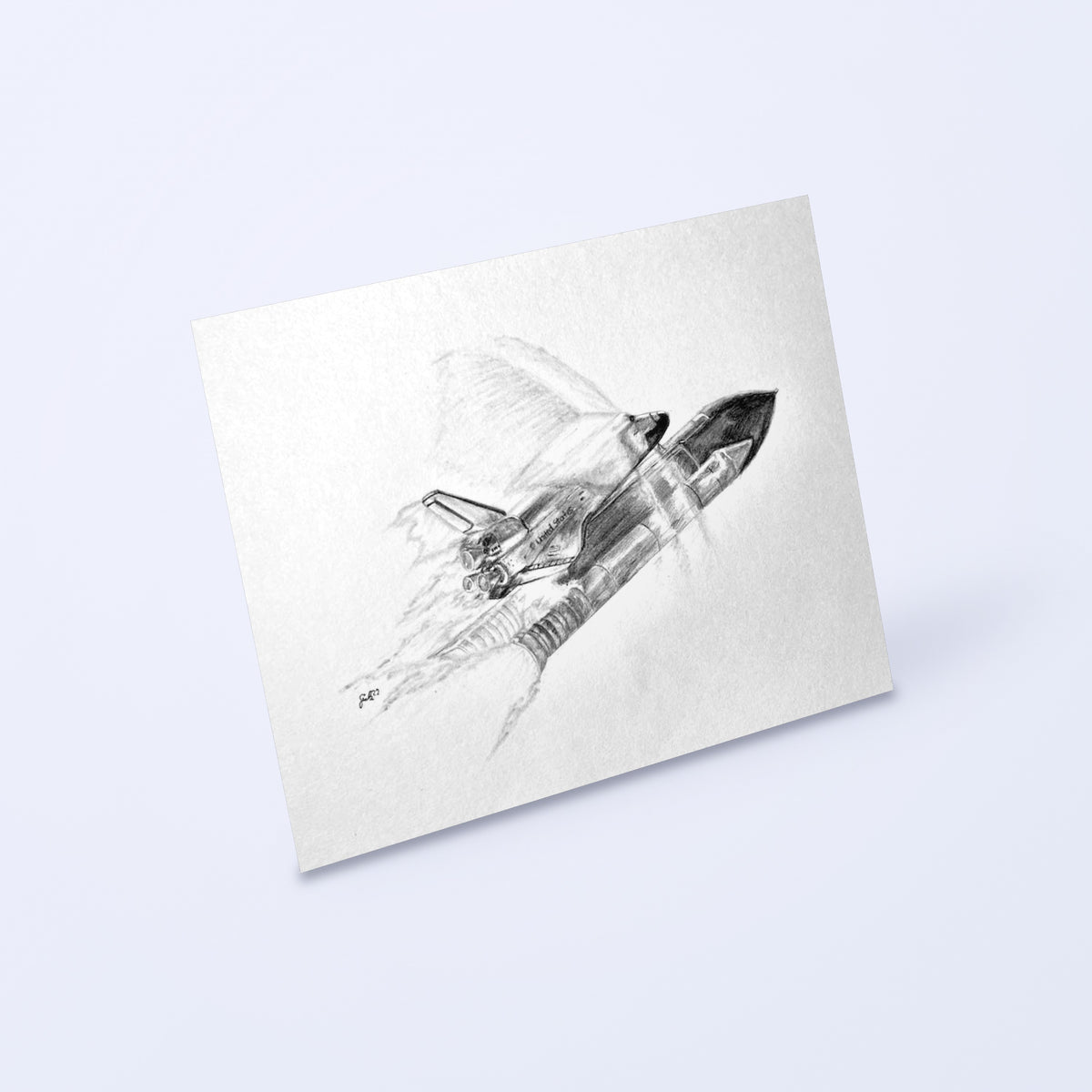 Pencil drawing of a Space Shuttle breaking the sound barrier as a fine art print, shown at an angle on a light background