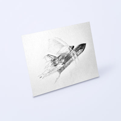Pencil drawing of a Space Shuttle breaking the sound barrier as a fine art print, shown at an angle on a light background