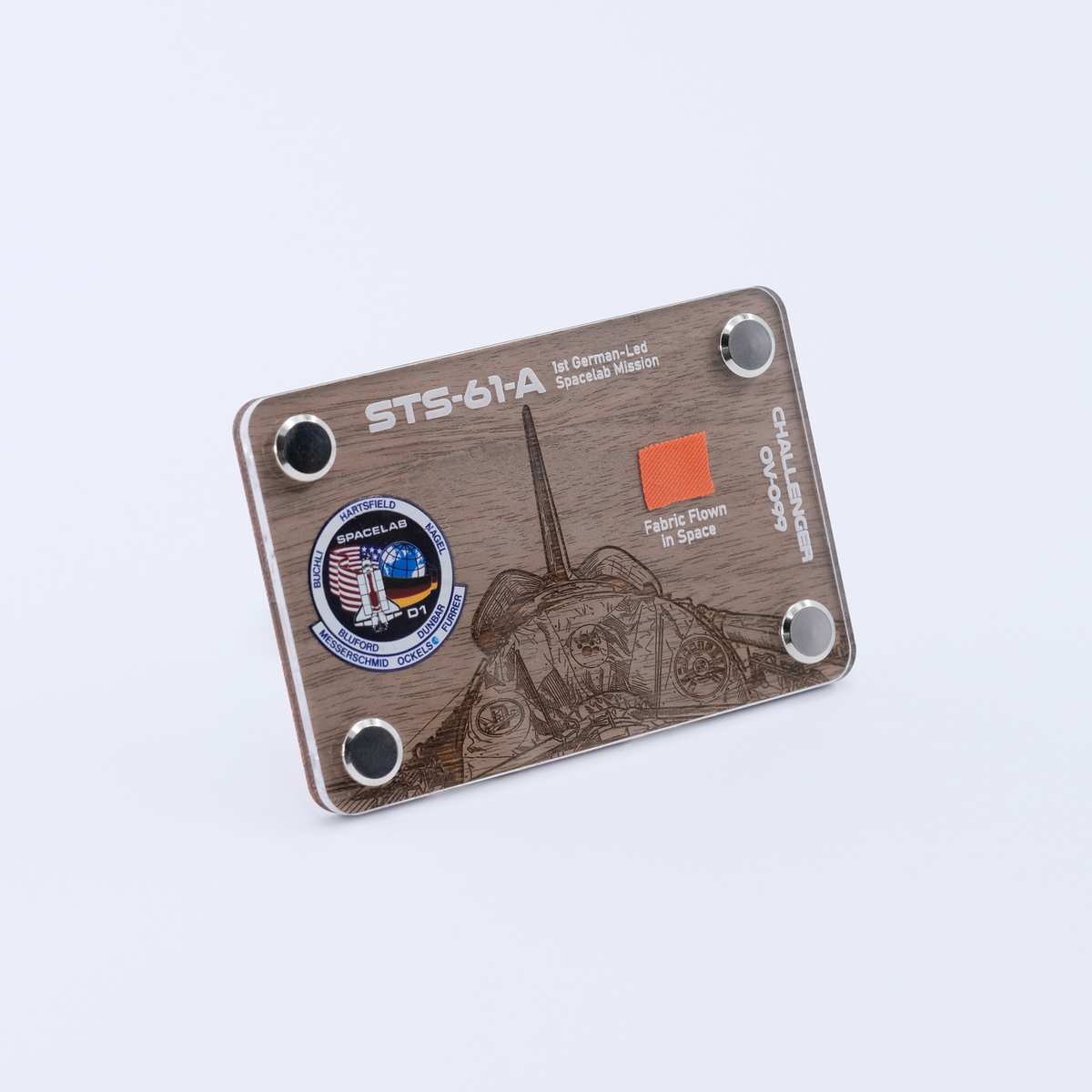 STS-61-A (Challenger) display with flown fabric – The New Space Age