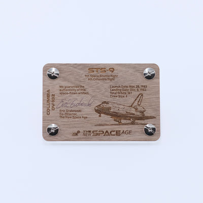 Back of the STS-9 Columbia display card with mission details, authenticity statement and Columbia engraving