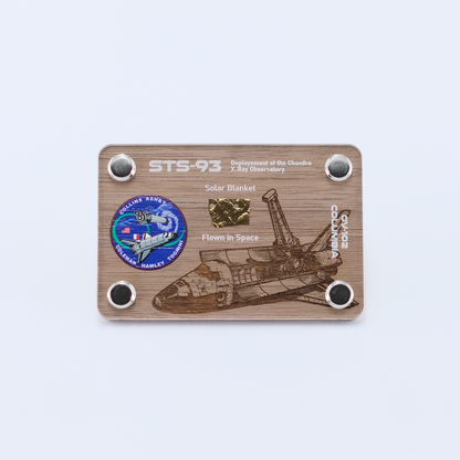 Authentic flown solar blanket artifact from Space Shuttle Columbia STS-93, the mission that deployed the Chandra X-ray Observatory, displayed in a handcrafted collectible card.