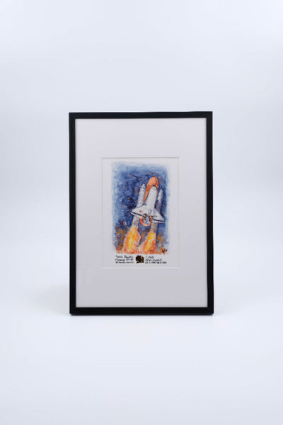 Framed watercolor of a Space Shuttle launch, Signature Edition print with a flown Space Shuttle Columbia solar blanket piece