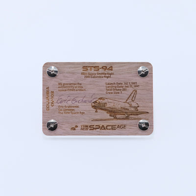 Back of the STS-94 Columbia display card with mission details, authenticity statement and Columbia engraving
