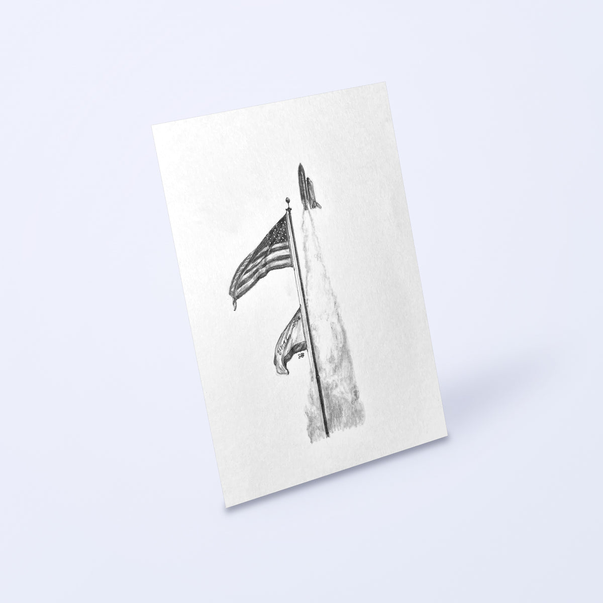 Pencil drawing of a Space Shuttle launch behind the American flag as a fine art print, angled view