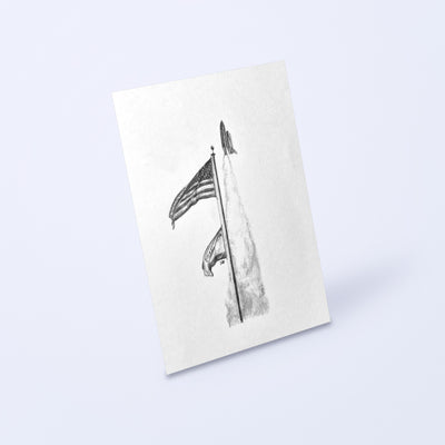 Pencil drawing of a Space Shuttle launch behind the American flag as a fine art print, angled view
