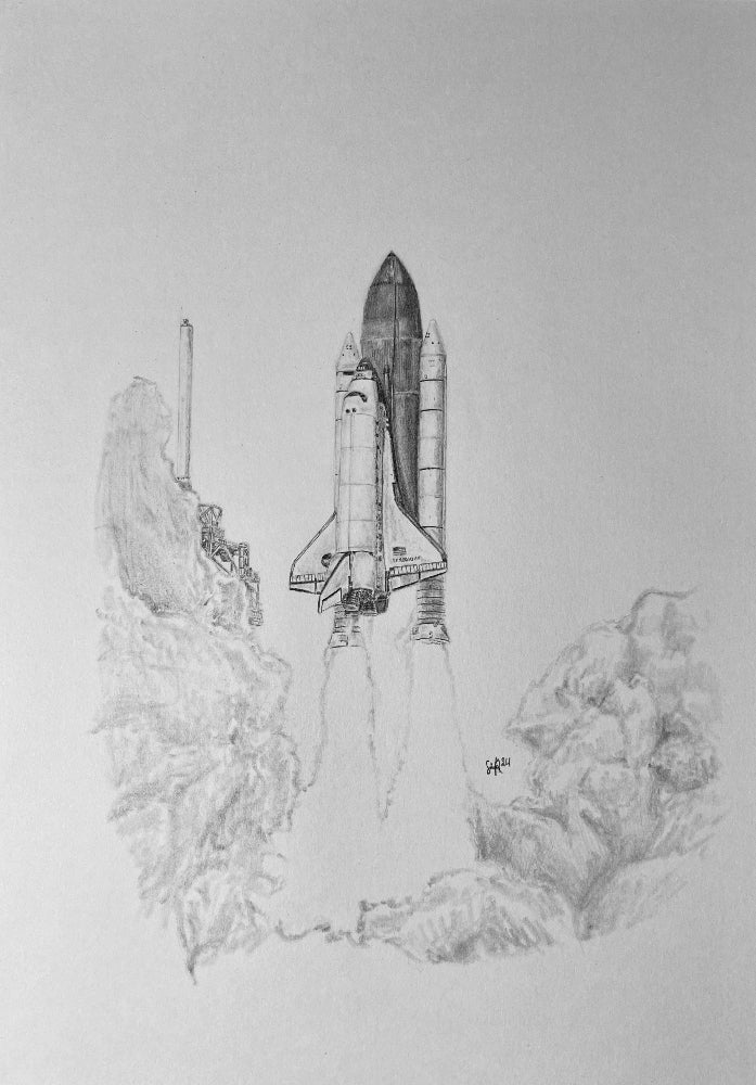 Hand-drawn pencil artwork of a Space Shuttle launch by Art of a Space Nerd – detailed fine art capturing the power and beauty of liftoff, available at The New Space Age Store.
