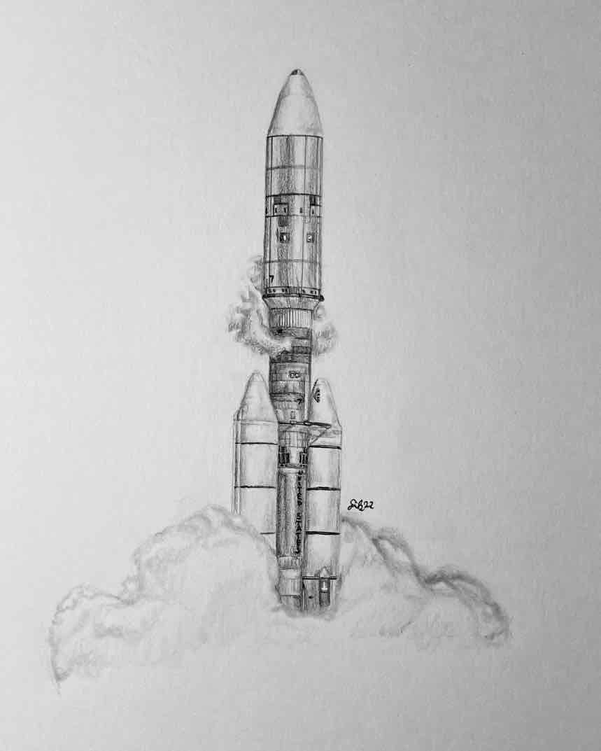 Pencil drawing of the Titan 3E rocket during liftoff, detailed hand-drawn space launch illustration