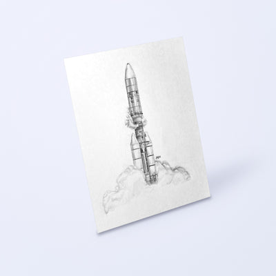 Pencil drawing of a Titan IIIE rocket launch as a fine art print, shown at an angle on a light background
