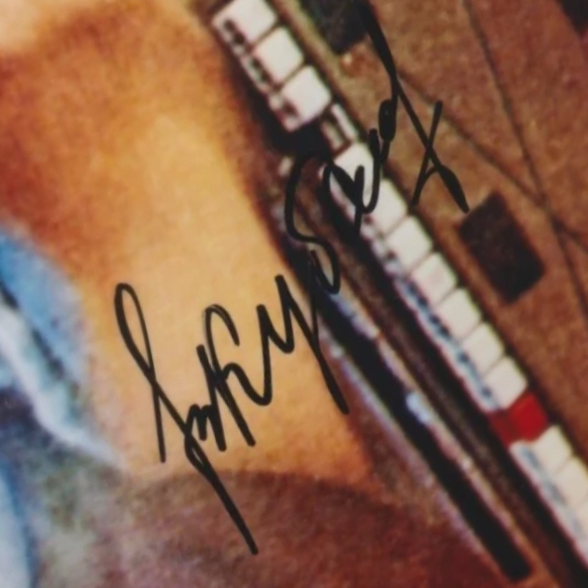 Close-up of Valery Kubasov's signature on the photo at the control panel